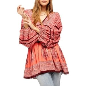 Free People NWT Luna Scarf  Print V-neck Tunic Boho Top Mini Dress Flowy Size XS